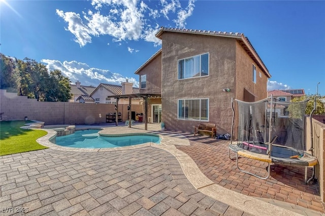 view of swimming pool with a pergola, a trampoline, a fenced backyard, and a patio