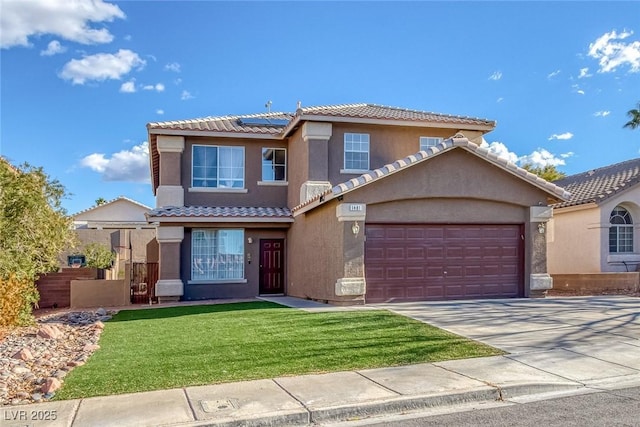view of front of house featuring solar panels, stucco siding, a tile roof, driveway, and a garage