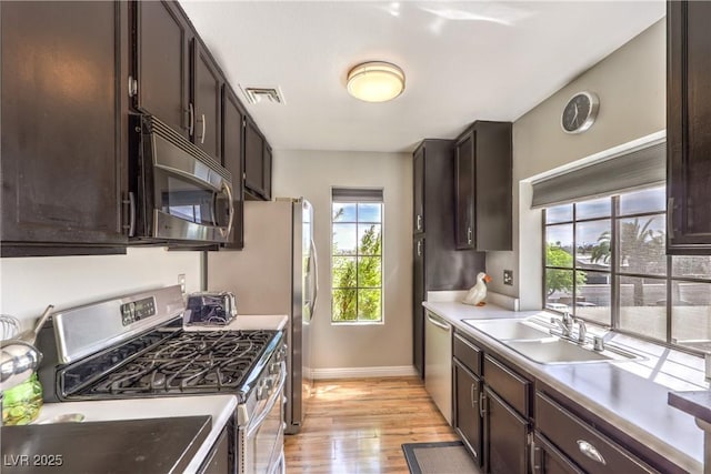 kitchen featuring light wood-style floors, appliances with stainless steel finishes, dark brown cabinets, a sink, and visible vents