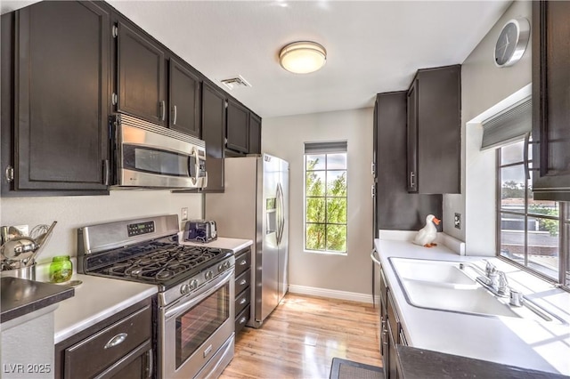 kitchen featuring a sink, stainless steel appliances, light wood-style floors, visible vents, and light countertops