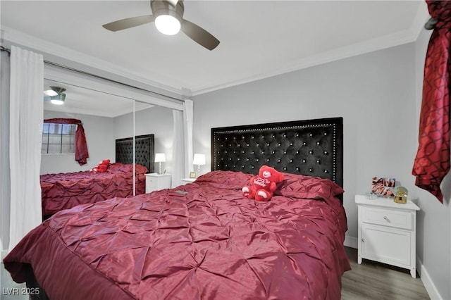 2080 Karen Ave Unit 1, Las Vegas, NV 89169 - bedroom featuring wood finished floors, crown molding, baseboards, and ceiling fan
