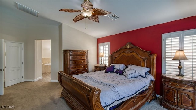 carpeted bedroom with baseboards, visible vents, a ceiling fan, and lofted ceiling