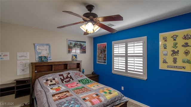 bedroom featuring a ceiling fan and visible vents