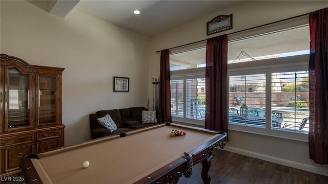 game room featuring dark wood finished floors, baseboards, billiards, and recessed lighting