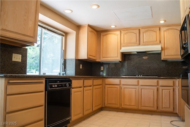 9704 Falling Star Ave, Las Vegas, NV 89117 - kitchen featuring under cabinet range hood, light brown cabinets, dark stone counters, decorative backsplash, and black appliances