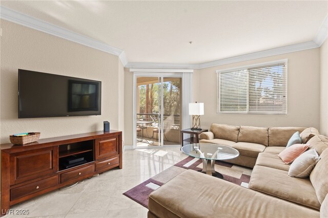 220 E Flamingo Rd Unit 111, Las Vegas, NV 89169 - living area with crown molding, light tile patterned flooring, and baseboards