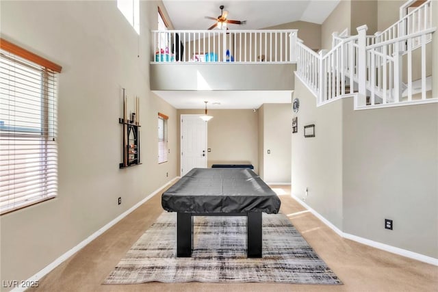 rec room with billiards, carpet floors, high vaulted ceiling, baseboards, and ceiling fan