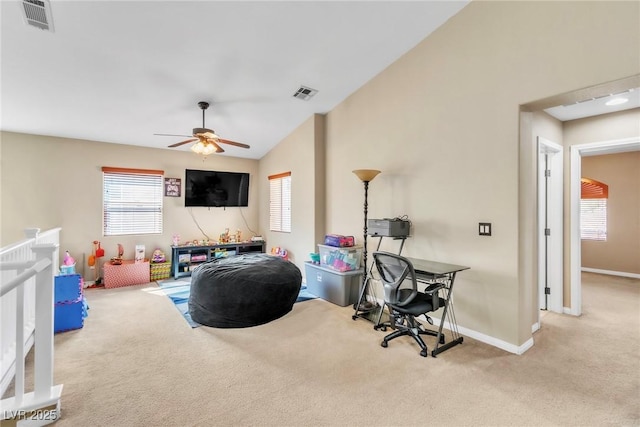game room featuring carpet flooring, a ceiling fan, and baseboards