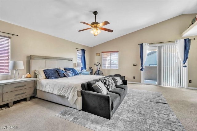 bedroom with vaulted ceiling, access to outside, light carpet, ceiling fan, and baseboards