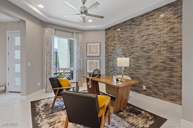 2910 Raywood Ash Dr, Las Vegas, NV 89138 - office with a ceiling fan, marble finish floor, a raised ceiling, baseboards, and recessed lighting