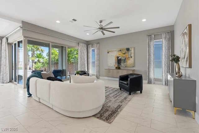 2910 Raywood Ash Dr, Las Vegas, NV 89138 - living room featuring visible vents, marble finish floor, recessed lighting, and ceiling fan