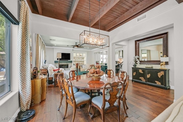 1201 Mersault Ct, Las Vegas, NV 89144 - dining room featuring visible vents, beamed ceiling, wood ceiling, hardwood / wood-style flooring, and ceiling fan with notable chandelier