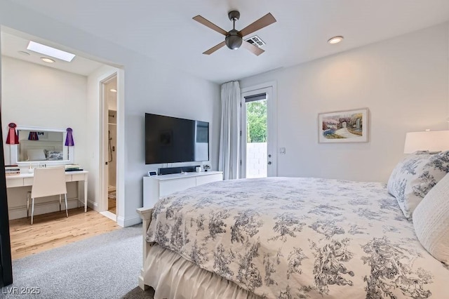8525 W Verde Way, Las Vegas, NV 89149 - bedroom featuring access to exterior, a ceiling fan, carpet flooring, wood finished floors, and recessed lighting