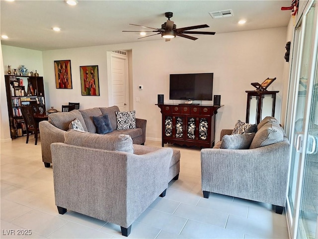 4286 E Cactus Canyon Dr, Pahrump, NV 89061 - living area featuring visible vents, recessed lighting, ceiling fan, and light tile patterned flooring