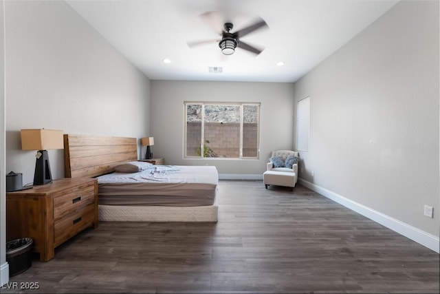 bedroom featuring recessed lighting, wood finished floors, visible vents, and baseboards