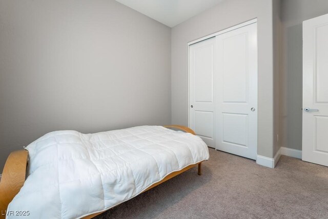 bedroom with baseboards, carpet flooring, and a closet