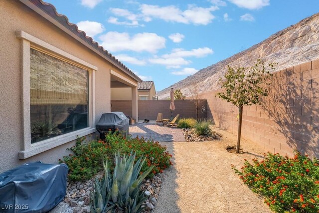 view of yard with a patio area, a fenced backyard, and a mountain view