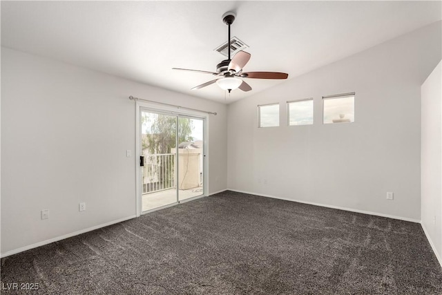 9604 Windom Point Ave, Las Vegas, NV 89129 - unfurnished room featuring dark carpet, a ceiling fan, baseboards, and vaulted ceiling