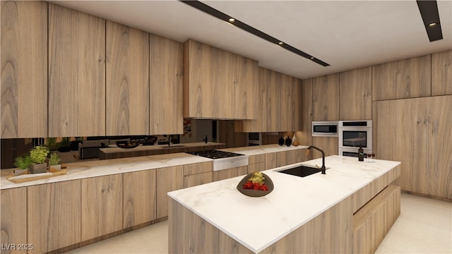 607 Grand Rim Dr, Henderson, NV 89012 - kitchen with stainless steel microwave, modern cabinets, a sink, gas stovetop, and recessed lighting