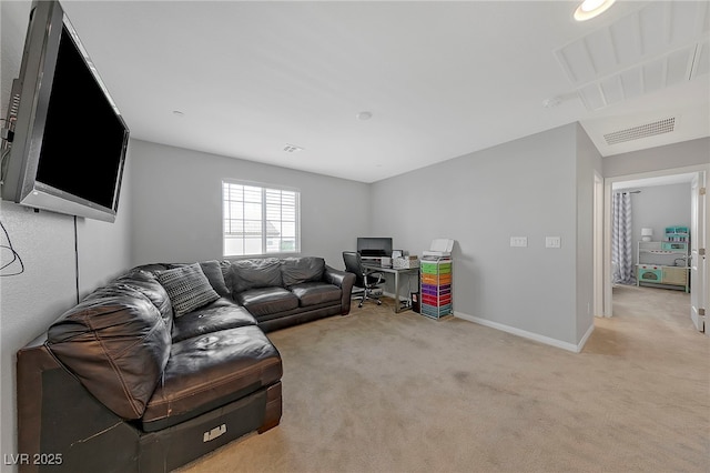 living room featuring light carpet, baseboards, and visible vents