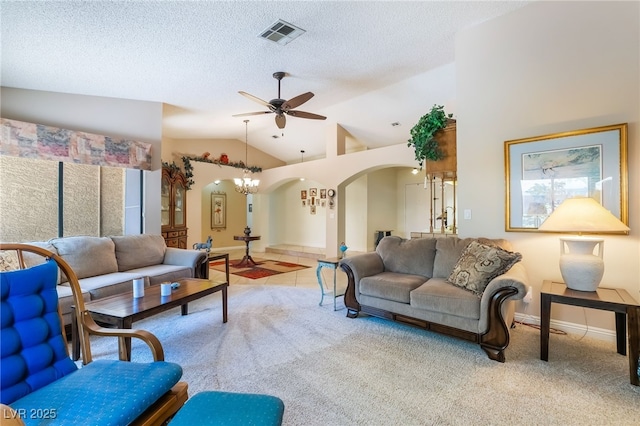 carpeted living room with arched walkways, lofted ceiling, a ceiling fan, a textured ceiling, and baseboards