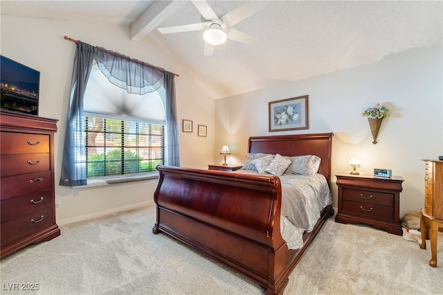 bedroom with light colored carpet, baseboards, and a ceiling fan