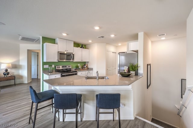 kitchen with visible vents, a sink, a peninsula, appliances with stainless steel finishes, and white cabinetry