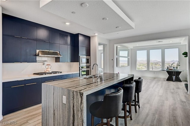 54 Mirage View Dr, Henderson, NV 89011 - kitchen featuring a kitchen bar, light wood-style floors, a sink, appliances with stainless steel finishes, and a kitchen island with sink
