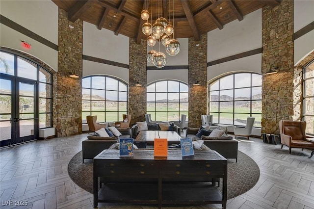 54 Mirage View Dr, Henderson, NV 89011 - building lobby featuring wooden ceiling, a towering ceiling, and beamed ceiling