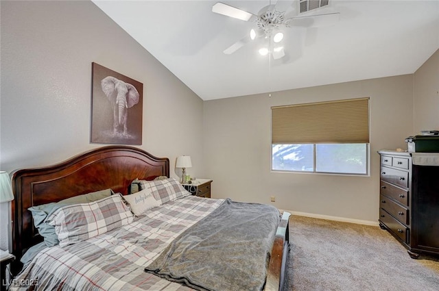 bedroom with lofted ceiling, visible vents, a ceiling fan, light carpet, and baseboards