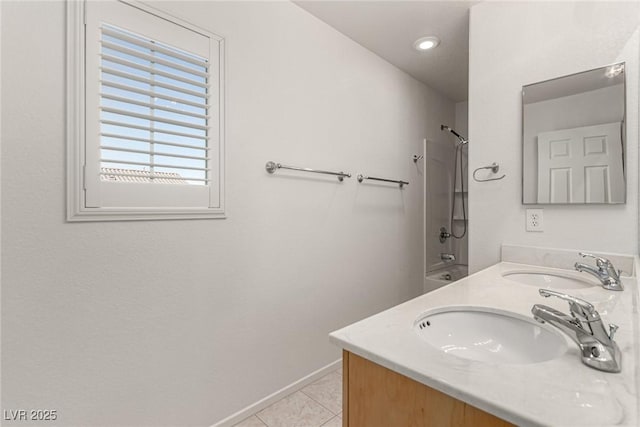 519 Brinkburn Point Ave, Las Vegas, NV 89178 - bathroom featuring tile patterned flooring, a sink, shower / bath combination, and double vanity