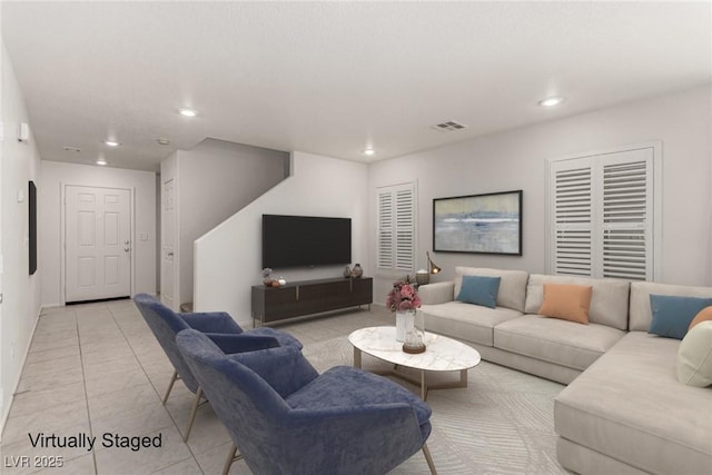 519 Brinkburn Point Ave, Las Vegas, NV 89178 - living area with light tile patterned floors, visible vents, and recessed lighting