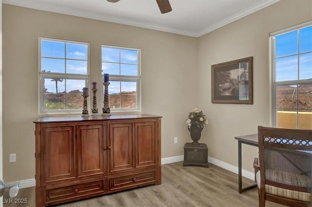 office with baseboards, a ceiling fan, crown molding, and light wood-style flooring