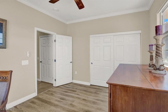 office featuring crown molding, baseboards, a ceiling fan, and light wood-style floors