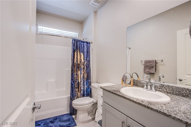 full bathroom with tile patterned floors, toilet, visible vents, shower / bathtub combination with curtain, and vanity