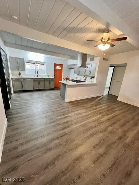 kitchen with stainless steel dishwasher, baseboards, extractor fan, and dark wood-style flooring
