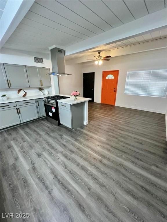kitchen with wood finished floors, island exhaust hood, stainless steel gas range, and gray cabinetry