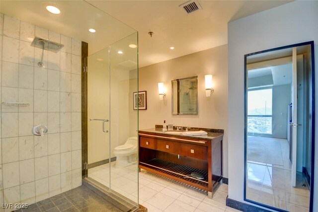 bathroom featuring visible vents, tile patterned flooring, toilet, recessed lighting, and a shower stall