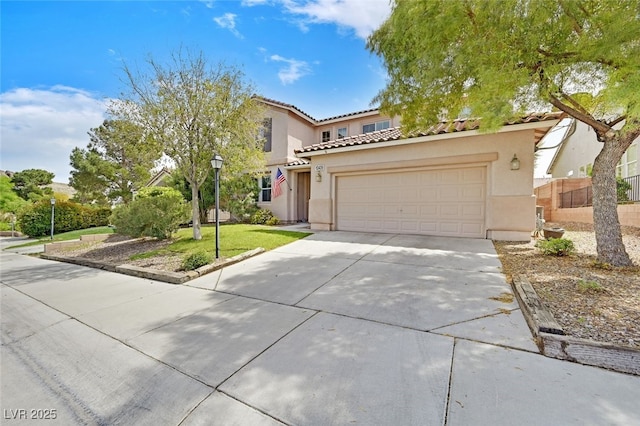 10409 Snowdon Flat Ct, Las Vegas, NV 89129 - mediterranean / spanish-style home with stucco siding, driveway, a tile roof, and an attached garage