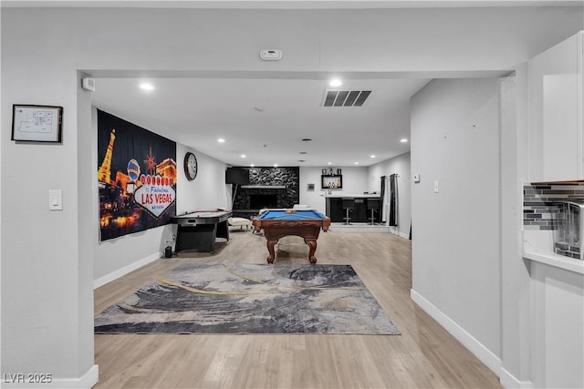 5208 Overland Ave, Las Vegas, NV 89107 - game room featuring a large fireplace, pool table, light wood-type flooring, baseboards, and recessed lighting