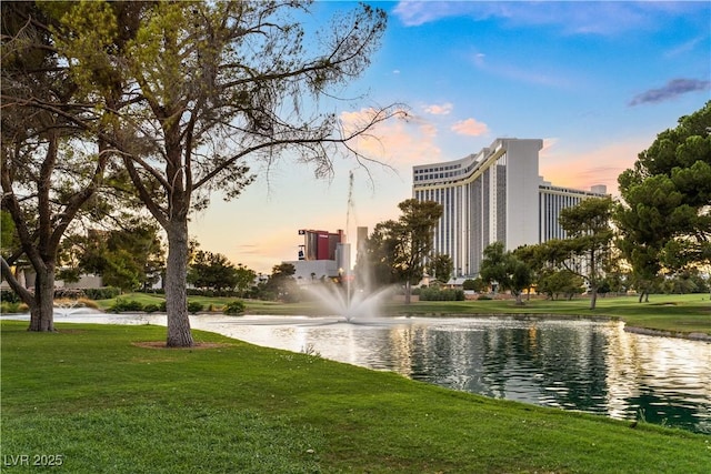 view of community featuring a lawn and a water view