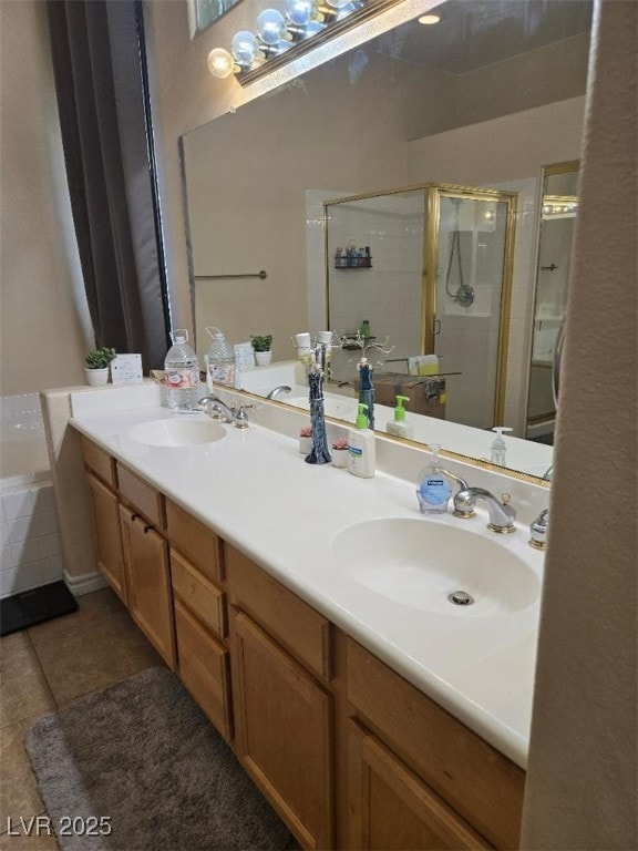 9324 Pitching Wedge Dr, Las Vegas, NV 89134 - bathroom with a stall shower, tile patterned flooring, a sink, and double vanity
