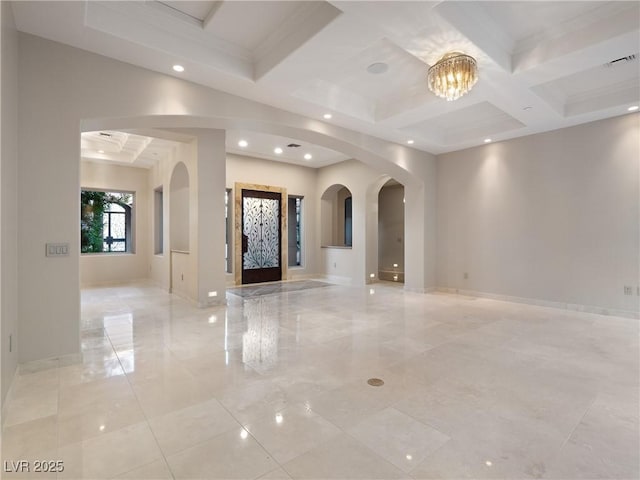 1665 Liege Dr, Henderson, NV 89012 - unfurnished room with arched walkways, baseboards, visible vents, recessed lighting, and coffered ceiling