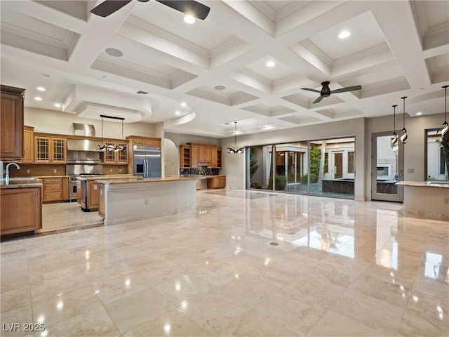 1665 Liege Dr, Henderson, NV 89012 - unfurnished living room featuring beam ceiling, a sink, coffered ceiling, ceiling fan with notable chandelier, and marble finish floor