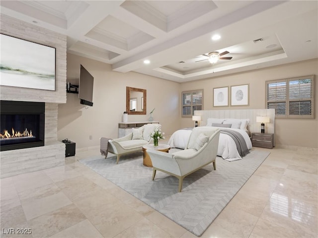 1665 Liege Dr, Henderson, NV 89012 - bedroom with a stone fireplace, baseboards, beam ceiling, visible vents, and recessed lighting