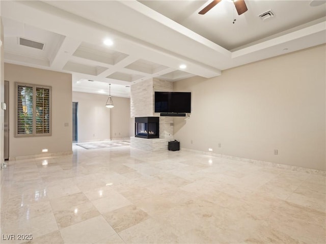 1665 Liege Dr, Henderson, NV 89012 - unfurnished living room with visible vents, baseboards, and ceiling fan