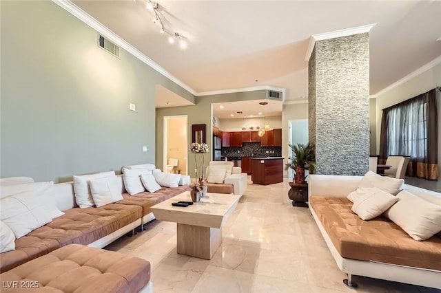 2455 W Serene Ave Unit 923, Las Vegas, NV 89123 - living room featuring ornamental molding, light marble finish flooring, and track lighting