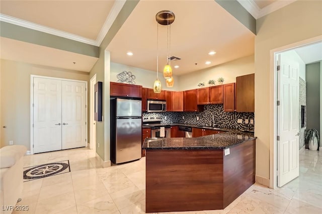2455 W Serene Ave Unit 923, Las Vegas, NV 89123 - kitchen featuring stainless steel appliances, light marble finish floors, ornamental molding, dark stone counters, and hanging light fixtures