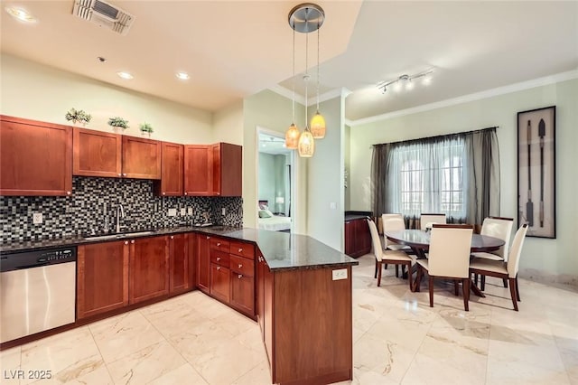 2455 W Serene Ave Unit 923, Las Vegas, NV 89123 - kitchen featuring stainless steel dishwasher, a sink, crown molding, backsplash, and pendant lighting