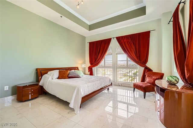 2455 W Serene Ave Unit 923, Las Vegas, NV 89123 - bedroom featuring ornamental molding, a raised ceiling, and light tile patterned floors